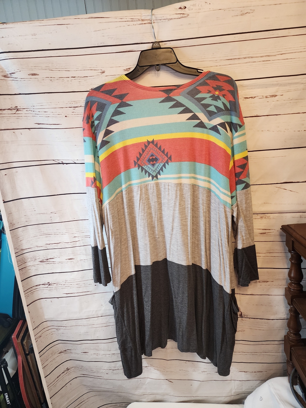 Boho Aztec Colorblock Cardigan - Coral, Teal & Gray